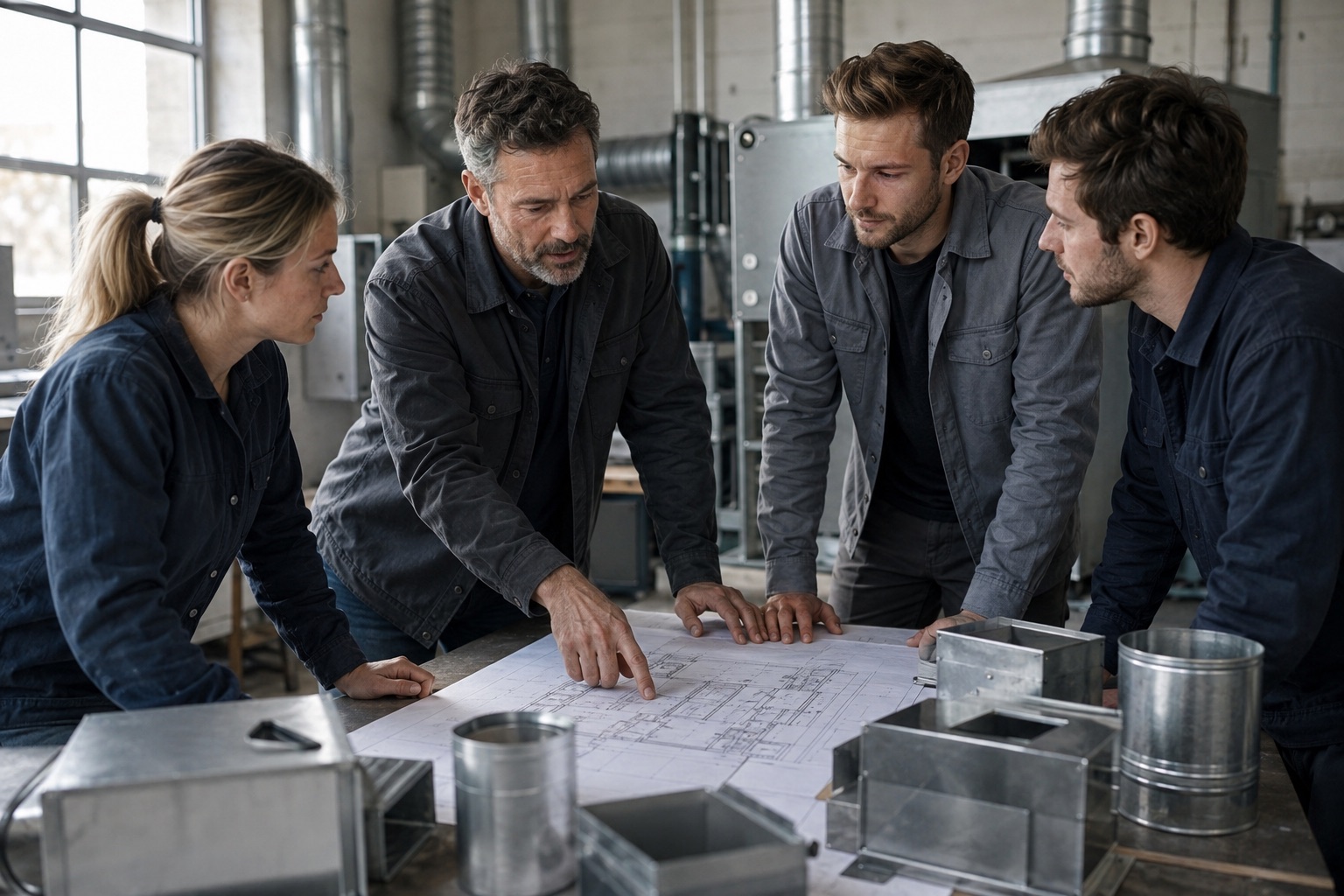 Apex Climate engineering team reviewing HVAC equipment plans in a workshop