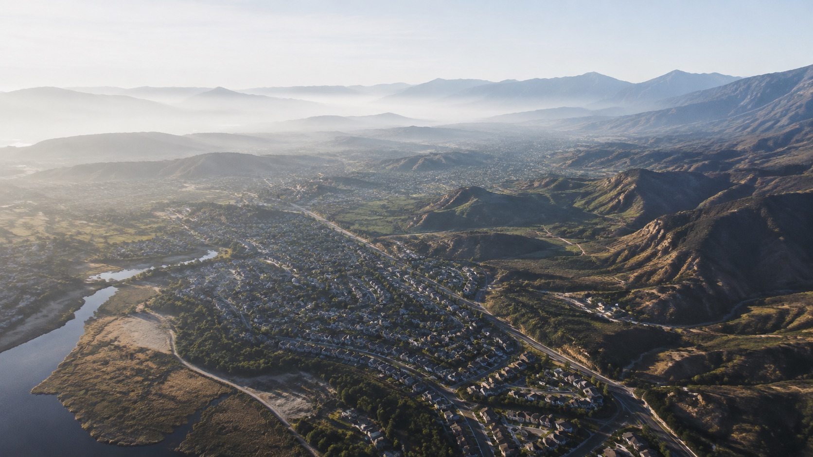 Aerial view of mountain communities and service routes