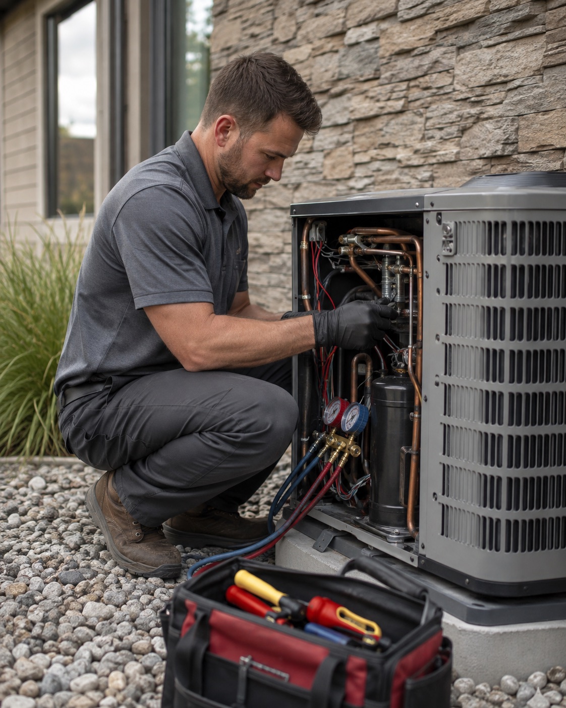 Technician servicing a residential air conditioning unit