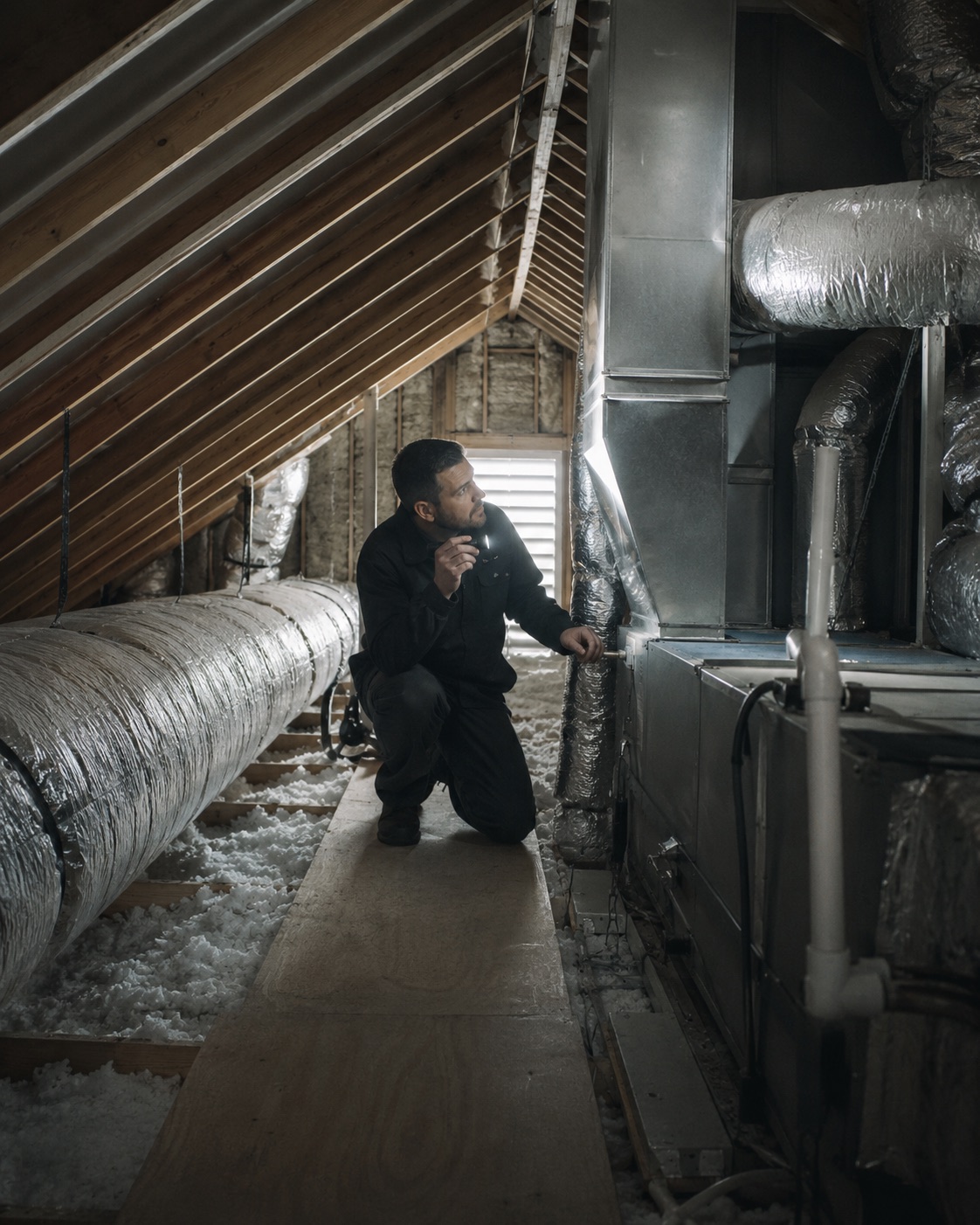 Technician inspecting residential HVAC ductwork