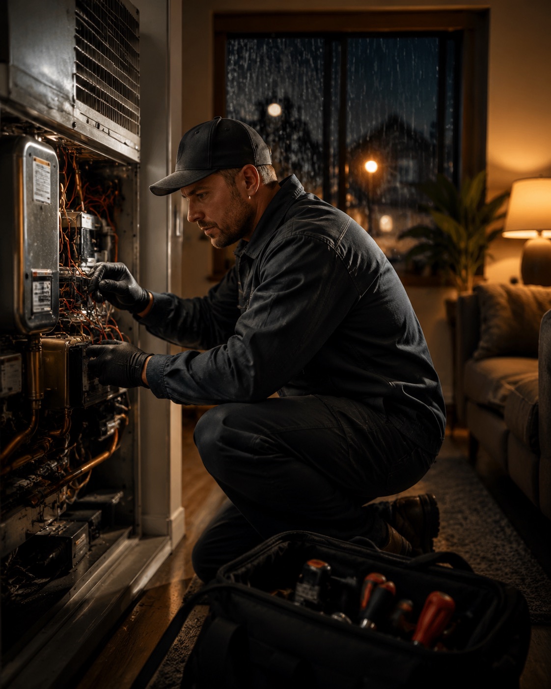 Technician performing emergency HVAC repair at night