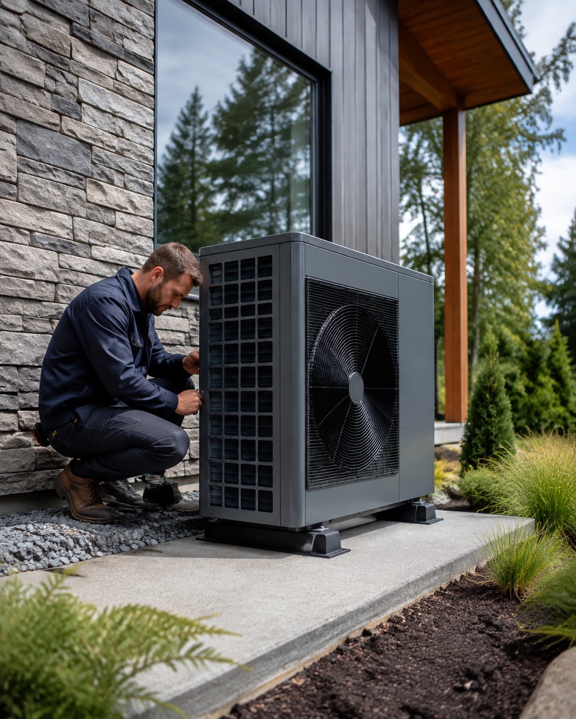 Heat pump installation outside a modern home