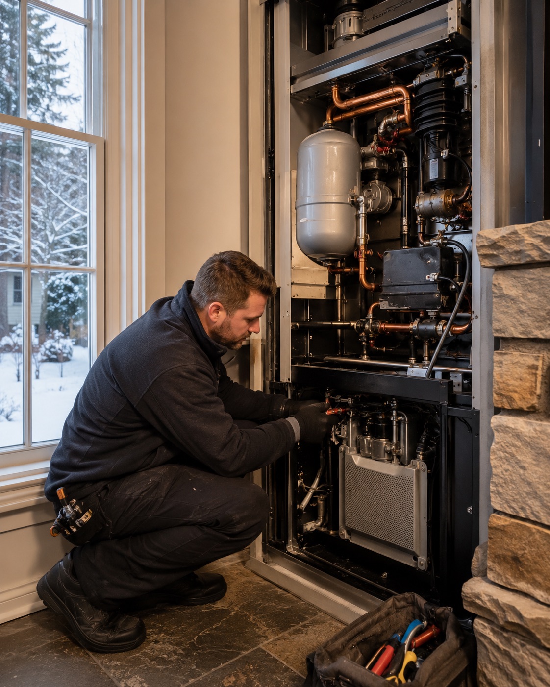 Technician inspecting a residential heating system