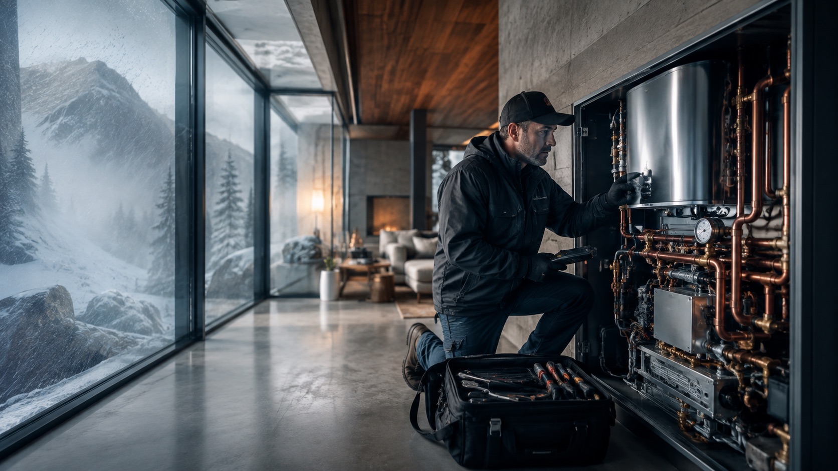 HVAC technician inspecting a modern mountain home's climate system with precision tools