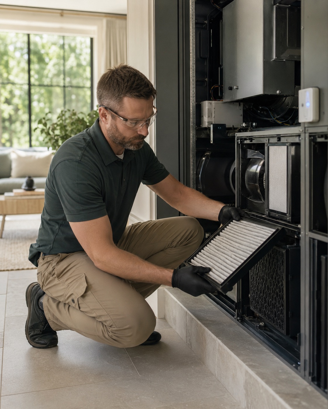 HVAC specialist examining indoor air quality equipment